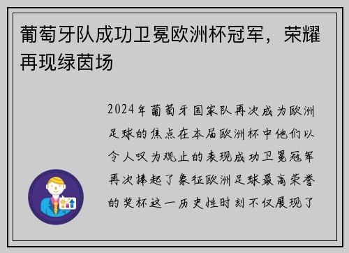 葡萄牙队成功卫冕欧洲杯冠军，荣耀再现绿茵场